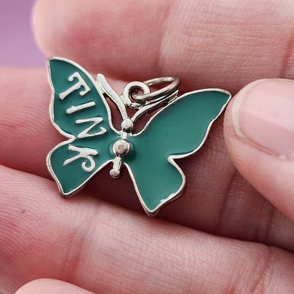 Disney Tinker Bell TINK Green Enamel Butterfly Charm Pendant Silver Tone Fairy